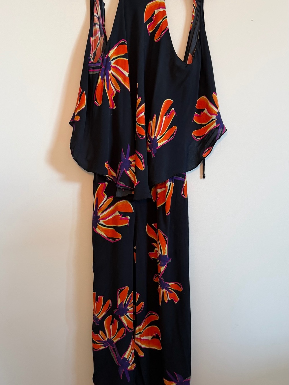 Pinko Black Jumpsuit with Bold Orange & Purple Floral Print